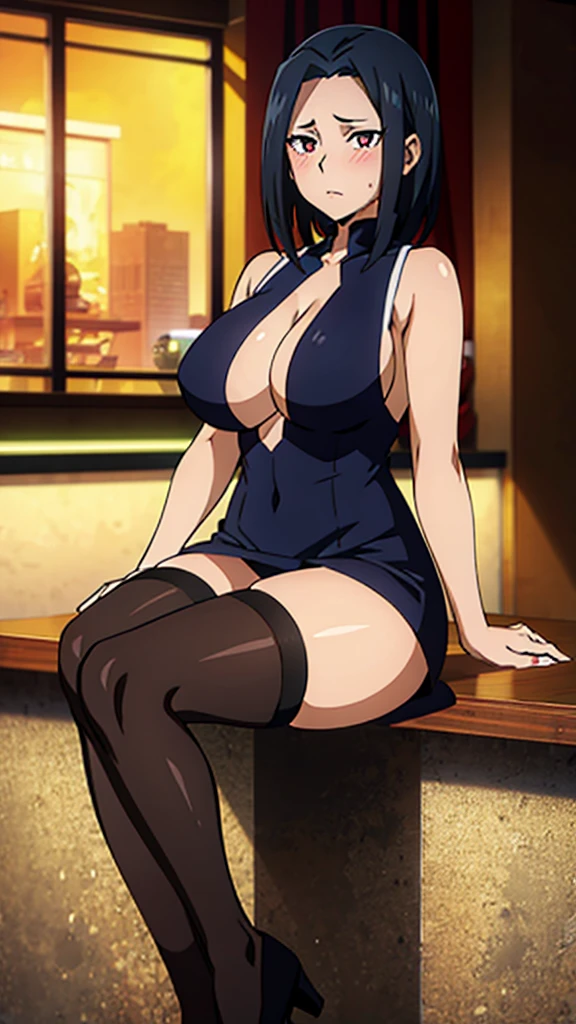 A beautiful anime-style girl, Yaoyorozu, with big eyes, long eyelashes, and a gorgeous face, wearing a sexy, revealing outfit that shows off her big round breasts and thighs, sitting at a bar in an anime-inspired cell shading art style, masterpiece, best quality, 8k, high resolution, ultra-detailed, realistic, photorealistic , blush , legs spread