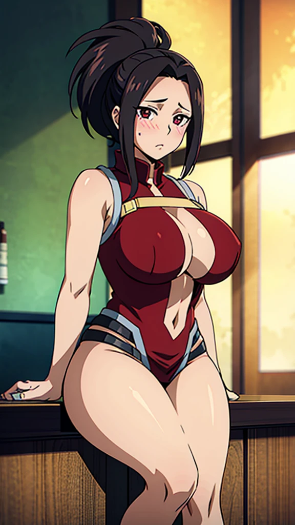 A beautiful anime-style girl, Yaoyorozu, with big eyes, long eyelashes, and a gorgeous face, wearing a sexy, revealing outfit that shows off her big round breasts and thighs, sitting at a bar in an anime-inspired cell shading art style, masterpiece, best quality, 8k, high resolution, ultra-detailed, realistic, photorealistic , blush , legs spread