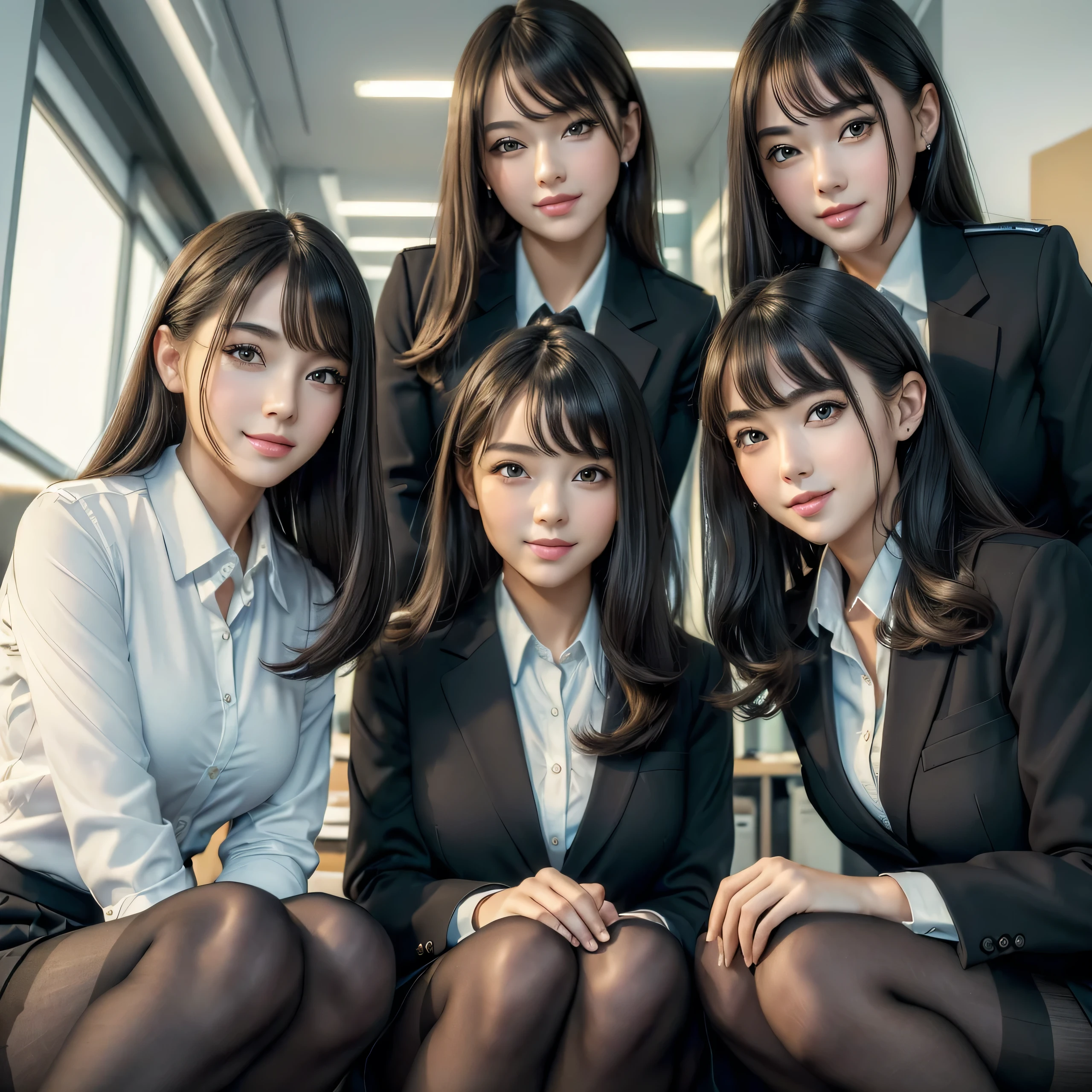 (best quality, masterpiece:1.5), (ultra-detailed, realistic:1.37),4K,(4girls:1.5),cute,beautiful,(office uniform:1.3),(miniskirt),(black pantyhose:1.2),medium hair,smile,beauty,perfect hands,perfect fingers,perfect legs