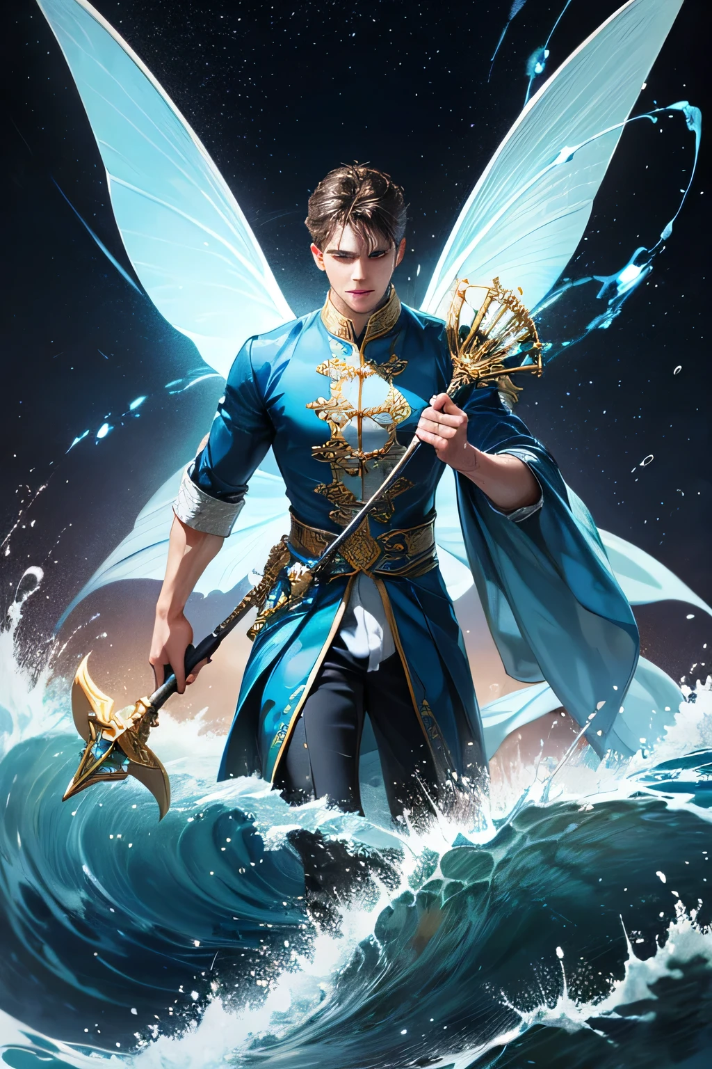 "Create an ultra-realistic image of a handsome male fairy, around 33 years old, with magnificent large wings that capture the essence of the deep ocean and waves. He should be holding a magical staff that emanates the energy of the water and waves. Dress him in an elegant, varied blue and white outfit that reflects the brilliance and dynamism of the water. Surround him with elements like swirling wavea and flashes of lightning to showcase his connection to these elements. Include a distinct water or ocean symbol or design on his body, signifying his role as the keeper of the deep ocean and waves, and highlighting the powerful celestial energy he embodies within him."