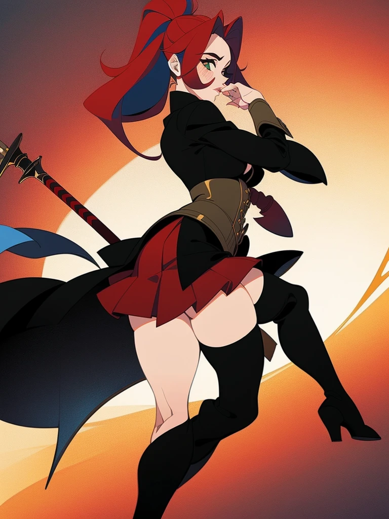 Rogue human woman, with red hair and black streaks, long high ponytail, white corset, black mini skirt, black thigh high boots, black jacket, with a dagger
