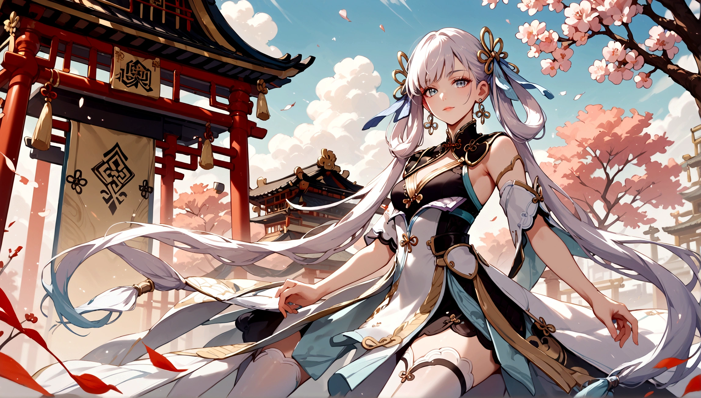 score_9, score_8_up, score_7_up, score_6_up, masterpiece, top quality, best quality, official art, beautiful and aesthetic, close up shot, centered, JinshiWW, long hair, twintails, hair rings, hair ornament, earrings, chinese clothes, two-tone dress, black dress, white dress, cleavage cutout, armlet, white thighhighs, dynamic pose, chinese temple background, Expressiveh