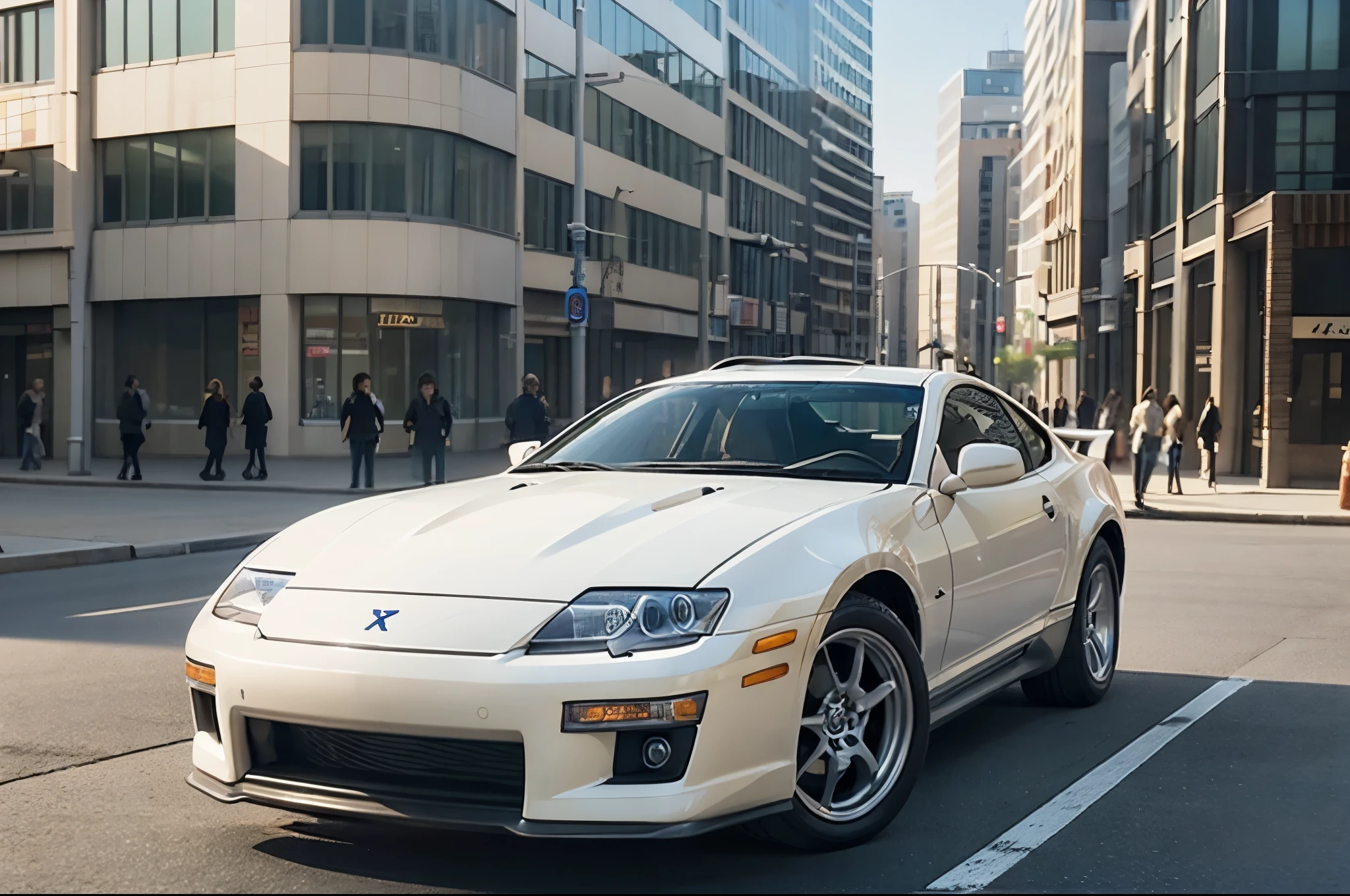 300ZX, white,autumnの葉で覆われた通りに駐車されたドリフトカー (city:1.3), autumn, Global Illumination, Volumetric lighting, Highest quality, Very detailed, CG-10 ..., figure, Octane Rendering,  