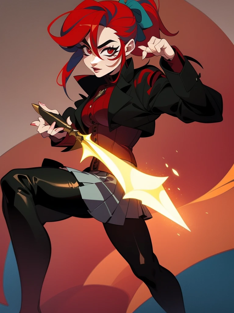 Rogue human woman, with red hair and black streaks, long high ponytail, white corset, black mini skirt, black thigh high boots, black jacket, with a dagger