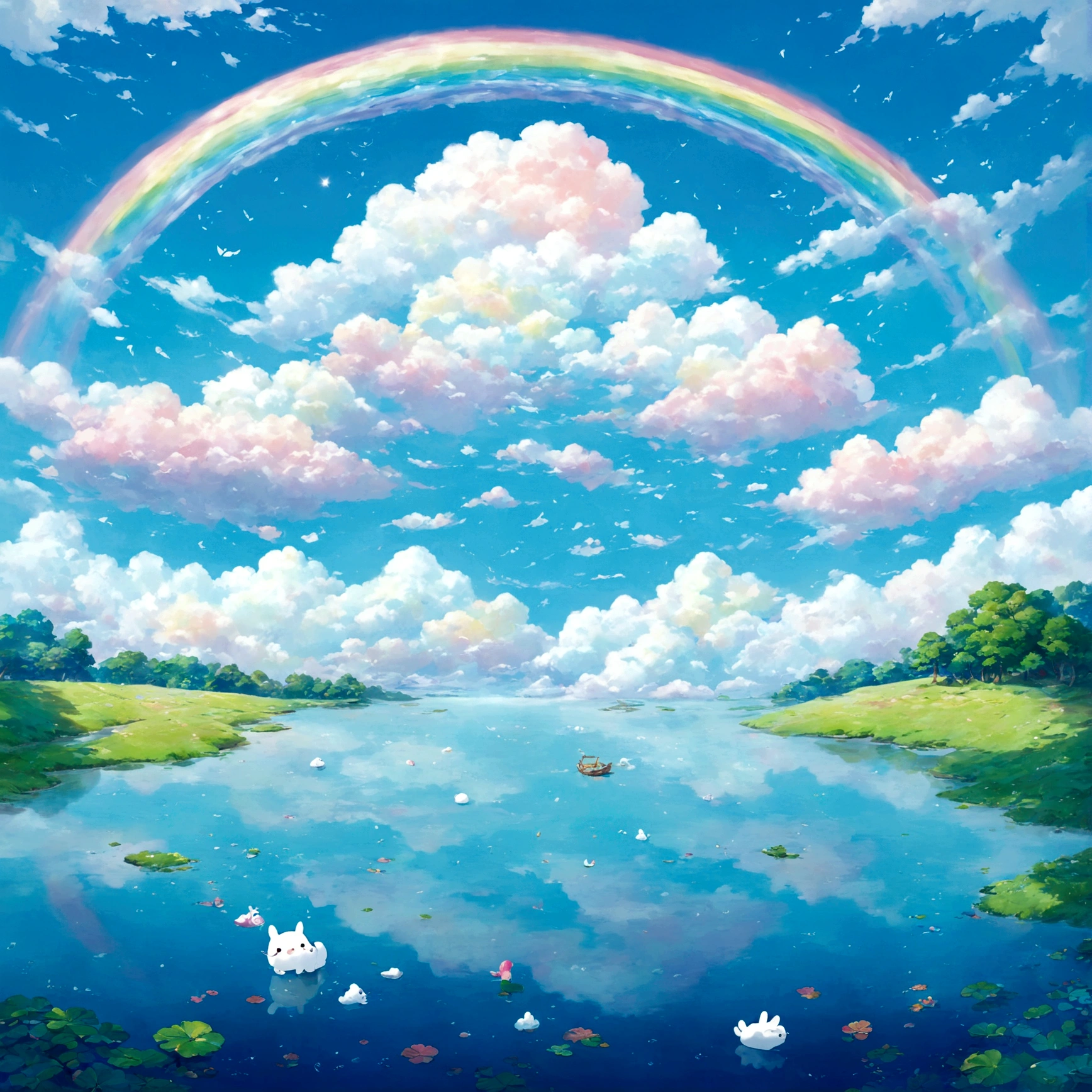 淡いパステルピンクと水色のグラデーションで彩られたどこまでも続くcloudの世界。綿菓子のようにふわふわとしたcloudの上にはmarshmallowでできたHomeやwood々。まるでdreamのような風景が広がっている。cloudの隙間からはkindLightが差し込む。キラキラと輝くWater Dropがまるで宝石のように煌めいている。nullにはrainbow色のcloudがゆっくりと流れ見ているだけで心が癒される。Calmでkind世界。Beautiful fantasy world。 cloud。 null。 marshmallow。 Home。 wood。 animal, Water Drop, rainbow, pastel colour, Light, kind, Calm。 dream