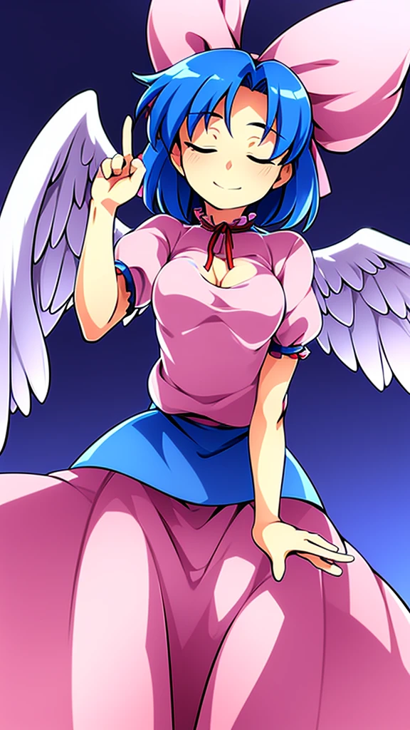 masterpiece, best quality, 1girl, , , , medium blue hair, hair flaps, pink ribbon on head, well-formed face, blue eyes, angel girl, white blouse, puffy short sleeves, red ribbon, angel wings, long white skirt, red shoes, frills, ribbon head, from behind, to lift up one’s skirt, cowboy shot, from front, standing , raise one leg, crossed arms, arms up behind, arms behind back, hand between legs, put hands hip, one hand on hip, forward hands, arms raised in the air, punch hands, peace sign, waving, put up index finger, sit, lie down, closed eyes, lie face down, looking back, put one hand chest, leaning forward, cleavage, close up, horizontally outstretched arms, horizontally outstretched legs, front view, front face