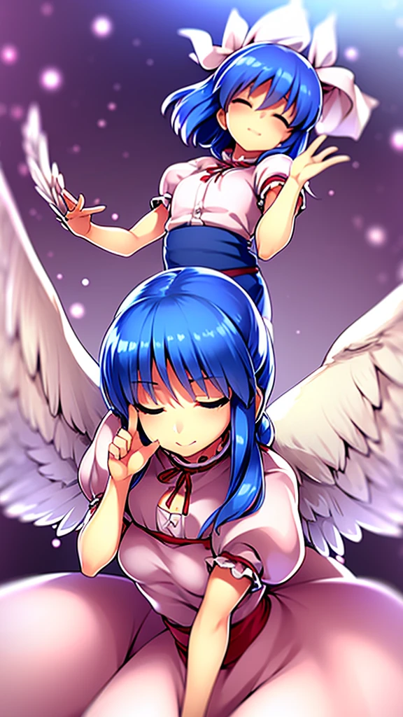 masterpiece, best quality, 1girl, , , , medium blue hair, hair flaps, pink ribbon on head, well-formed face, blue eyes, angel girl, white blouse, puffy short sleeves, red ribbon, angel wings, long white skirt, red shoes, frills, ribbon head, from behind, to lift up one’s skirt, cowboy shot, from front, standing , raise one leg, crossed arms, arms up behind, arms behind back, hand between legs, put hands hip, one hand on hip, forward hands, arms raised in the air, punch hands, peace sign, waving, put up index finger, sit, lie down, closed eyes, lie face down, looking back, put one hand chest, leaning forward, cleavage, close up, horizontally outstretched arms, horizontally outstretched legs, front view, front face