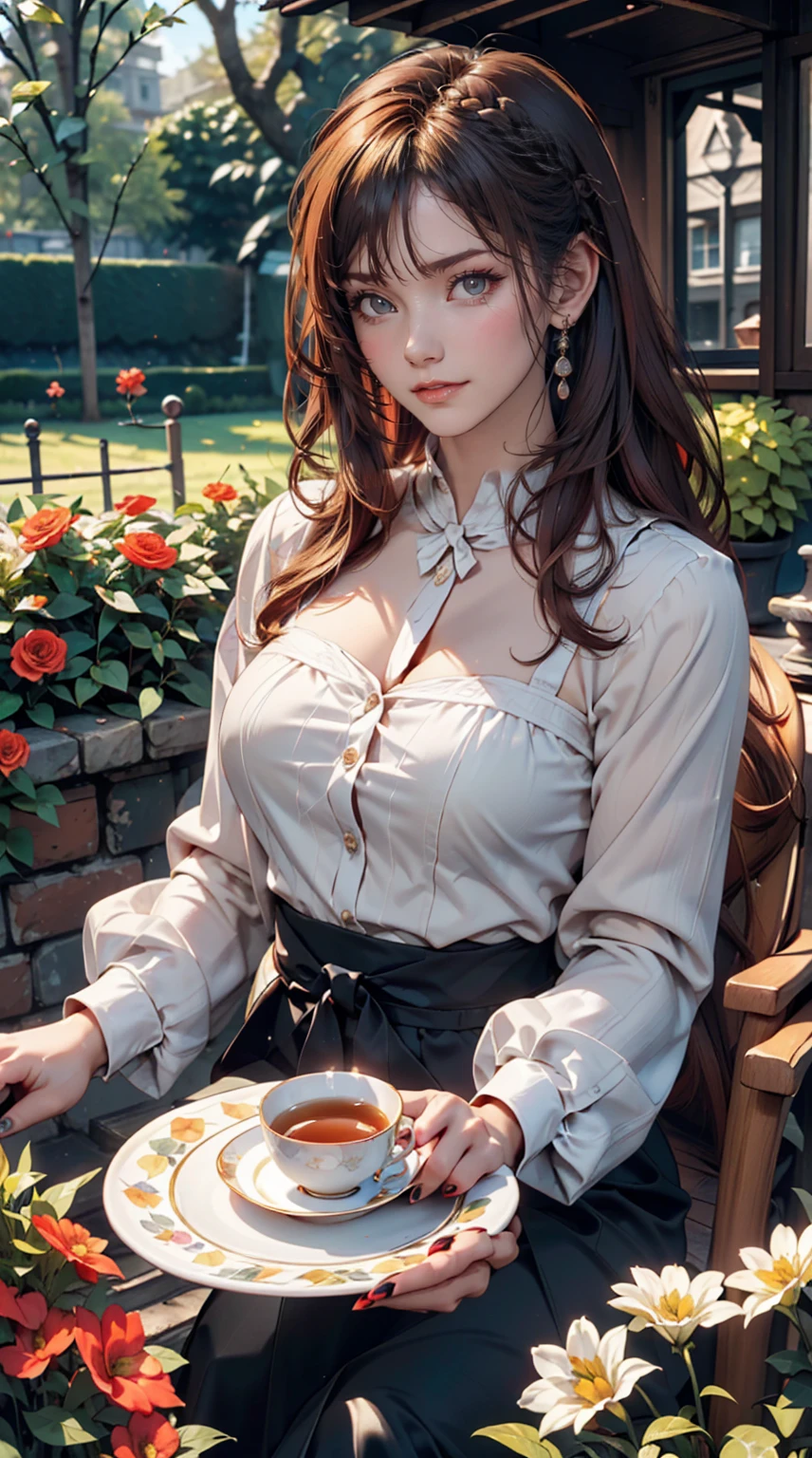 ((最high quality, 8K, masterpiece: 1.3, Ultra HD, high quality, 最high quality, High resolution, realism)) 、22-year-old extremely beautiful white woman、Sexy proportions、Hair color blonde、blue eyes、Medium Hair、Straight Hair、smile、Wearing red nail polish、、Inner Color((colored inner hair))、Braided long hair((low-braided long hair))、English style garden、gardening、Flower bed flowers in full bloom、the garden is grass、There are tables and chairs、Enjoy tea time