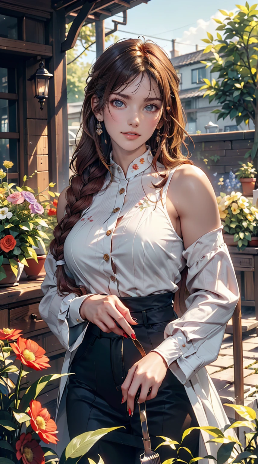 ((最high quality, 8K, masterpiece: 1.3, Ultra HD, high quality, 最high quality, High resolution, realism)) 、22-year-old extremely beautiful white woman、Sexy proportions、Hair color blonde、blue eyes、Medium Hair、Straight Hair、smile、Wearing red nail polish、、Inner Color((colored inner hair))、Braided long hair((low-braided long hair))、English style garden、gardening、Flower bed flowers in full bloom、the garden is grass、There are tables and chairs、Enjoy tea time