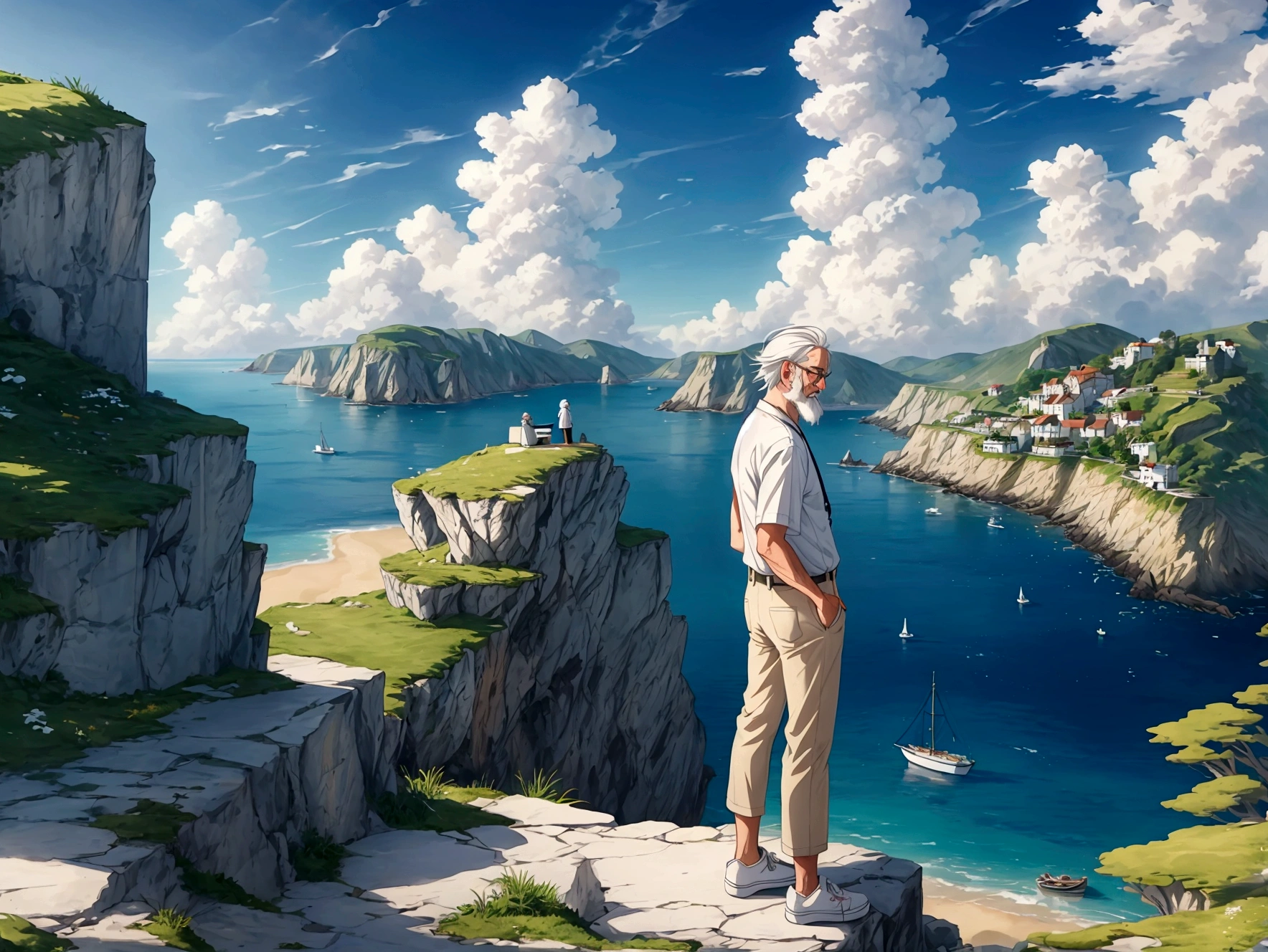 Create a high-quality anime-style image featuring an elderly man standing on a rocky cliff by the sea. The man has white hair, a beard, and is wearing round glasses. He is dressed in a white shirt, beige pants rolled up at the ankles, and white sneakers. His posture is relaxed, with his hands in his pockets, gazing thoughtfully into the distance. The background consists of a clear blue sky filled with fluffy, white clouds. Below the cliff, there is a calm sea with boats and a small coastal village nestled at the foot of green, mountainous terrain. The scene captures a peaceful, reflective moment, with vibrant colors and detailed shading to emphasize the tranquil and contemplative atmosphere.