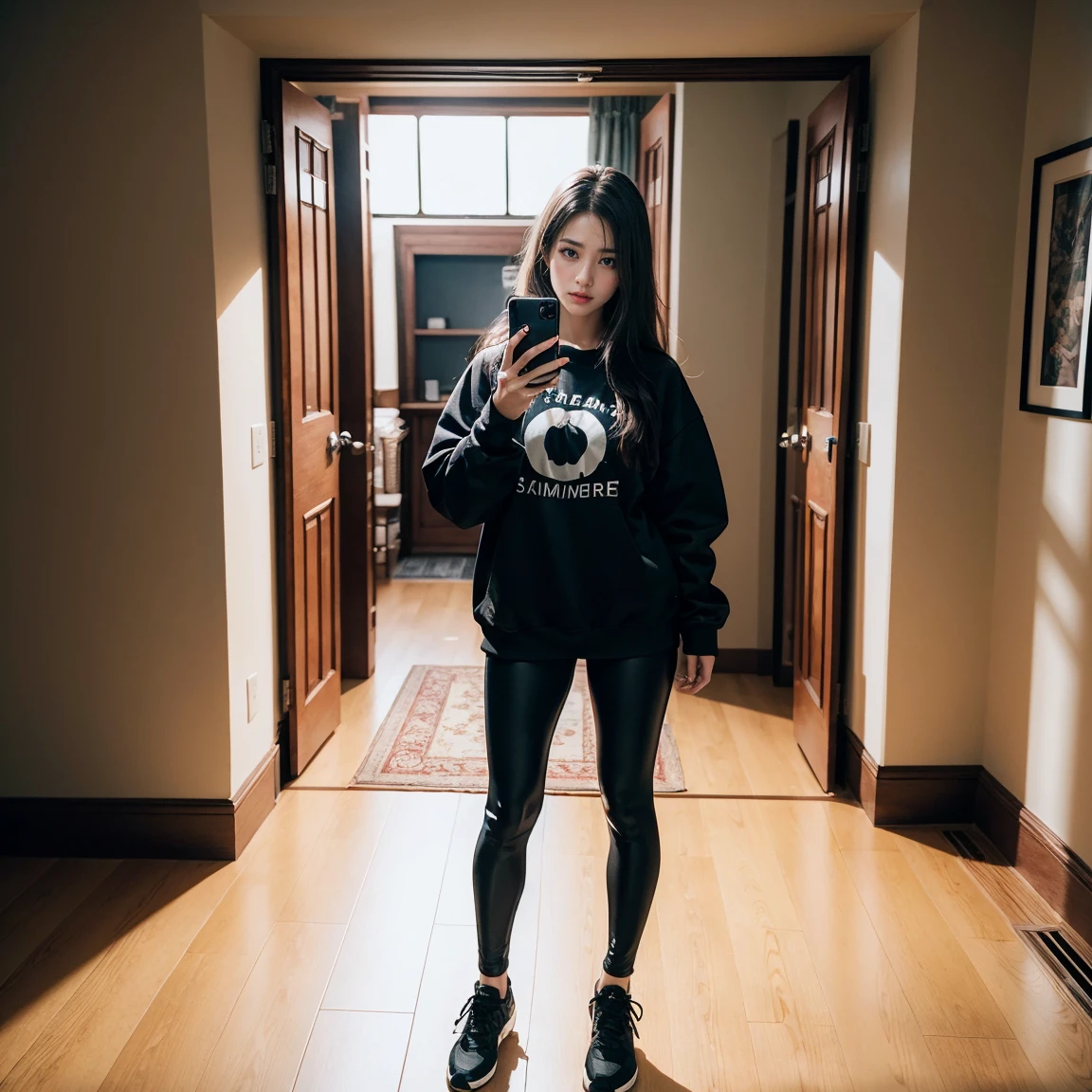 gorgeous young colombianwoman, who just takes a selfie of her face , wearing a legging and a sweatshirt, full body, beautiful face, masterpiece, best quality, ultra-detailed, solo, shadows, contrast, cinematic light, side lighting, ultra high resolution, best shadow, RAW, 4k, 85 mm, poca profundidad de campo, Kodak Vision Color, estremadamente detailado, Cinematographer_\(ultra\), photorealistic, Realstic, Postproceso, Maximum details, aspereza, vida real, ultra realista, fotorreallsmo, Cinematographer, 8k UHD, Cinematographer