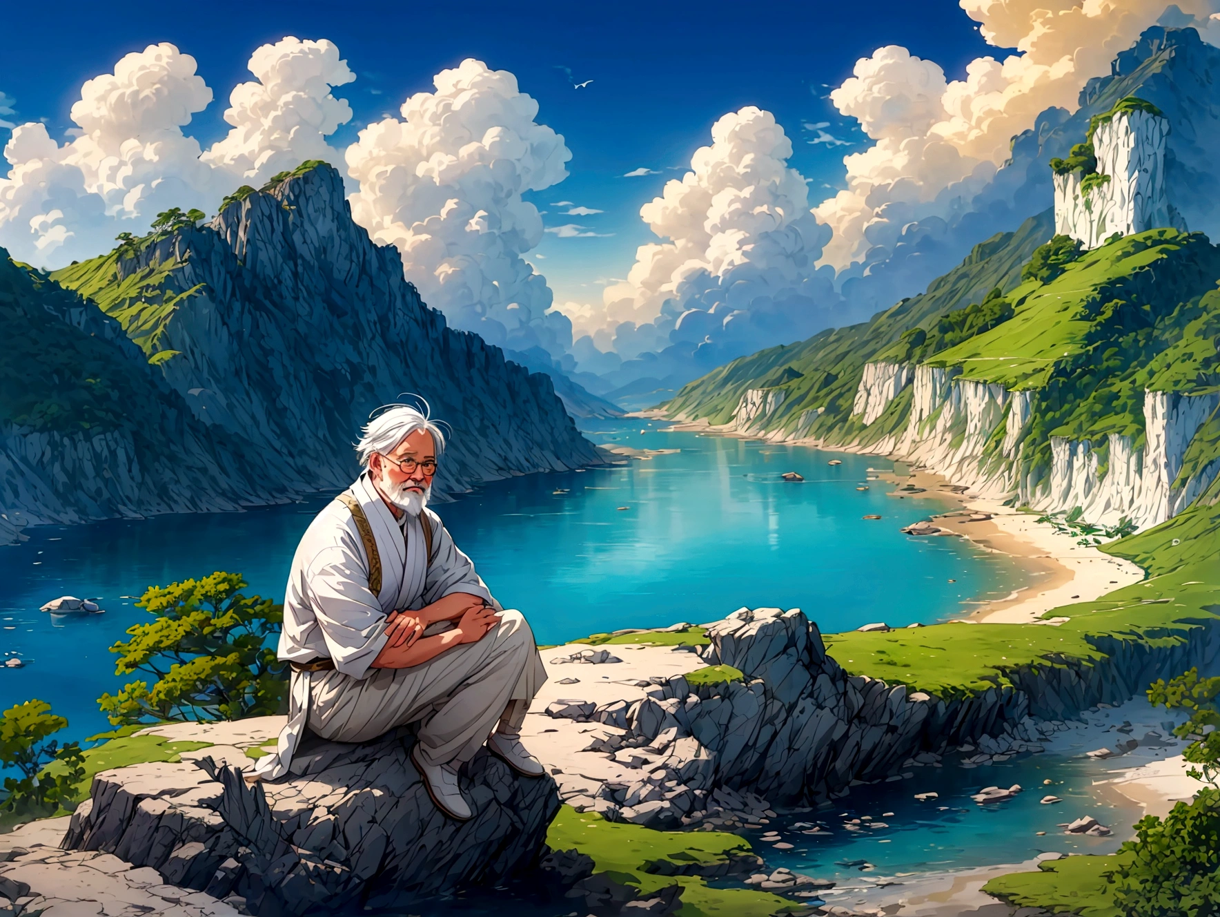 Create a high-quality anime-style image featuring an elderly man standing on a rocky cliff by the sea. The man has white hair, a beard, and is wearing round glasses. He is dressed in a white shirt, beige pants rolled up at the ankles, and white sneakers. His posture is relaxed, with his hands in his pockets, gazing thoughtfully into the distance. The background consists of a clear blue sky filled with fluffy, white clouds. Below the cliff, there is a calm sea with boats and a small coastal village nestled at the foot of green, mountainous terrain. The scene captures a peaceful, reflective moment, with vibrant colors and detailed shading to emphasize the tranquil and contemplative atmosphere.