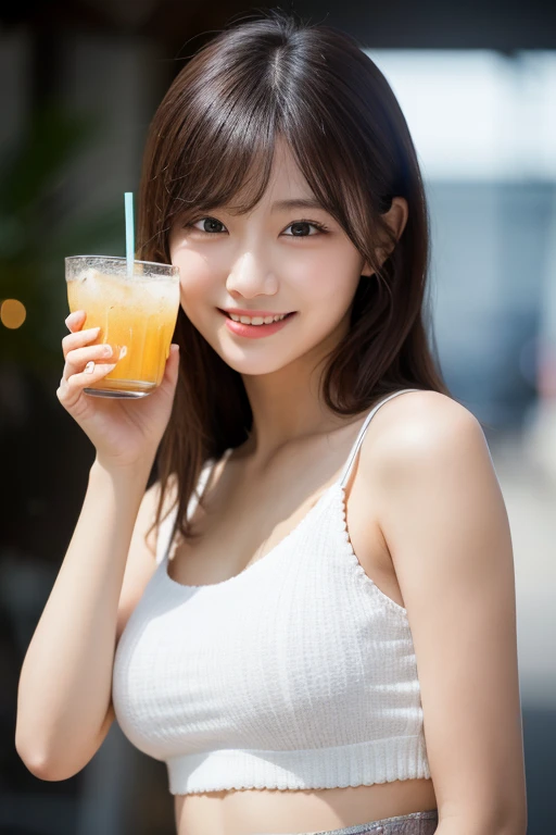 (Photo Real:1.4), (hyper realisitic:1.4), (Smooth lighting:1.05), 8K Wallpaper, Beautiful Woman with Perfect Figure,Slender, (mournful smile:1.4), Mouth slightly open, Neat and clean beauty, 20 years girl, Soft lighting, Back lighting, (cheerfulness:1.2), (Finest Real Textured Skins), Super fine face, glowy skin, retinas, Anatomically correct, acurate, Super Detail, Textured skin, High quality, high details, Best Quality, High resolution, Bangs,Straight hair,large breasts natural color lip, coconut, tank top, mini skirt, holding drink, smooth arms