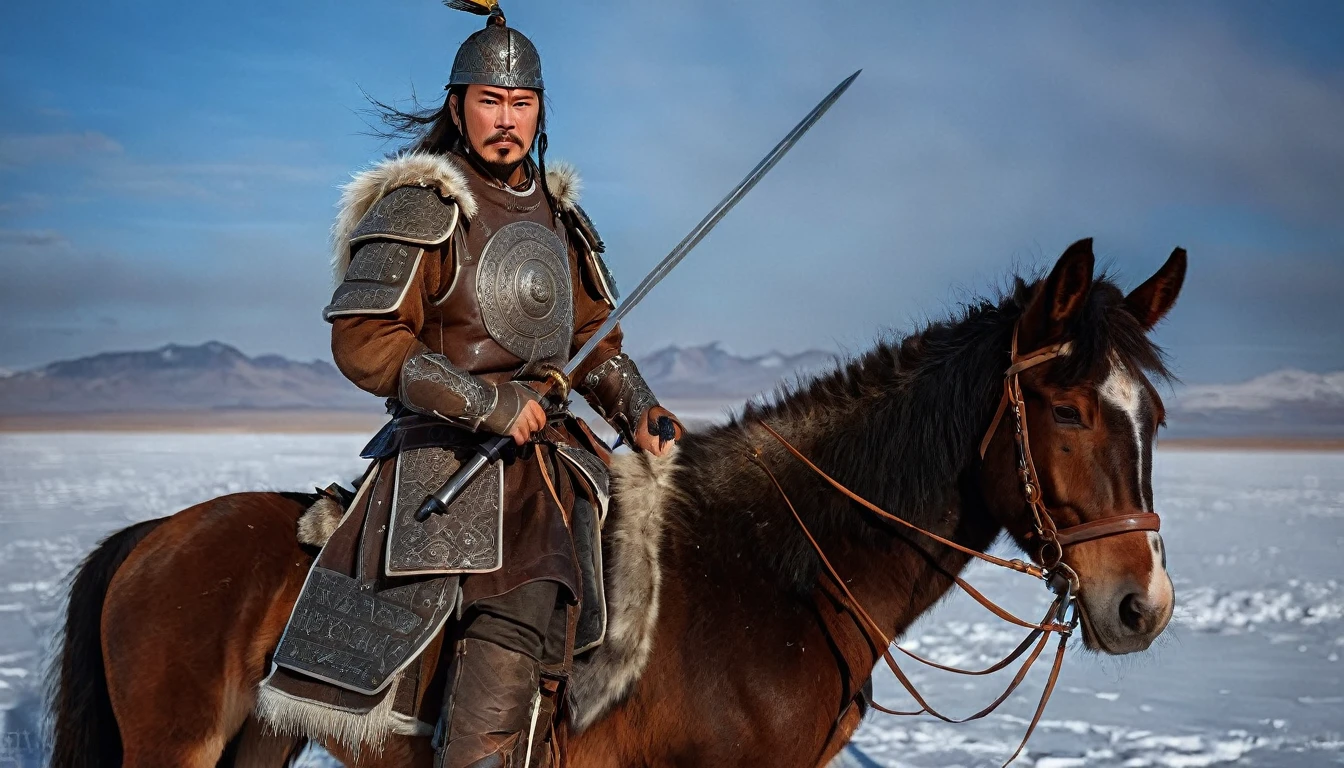 General Kraus, Wearing leather armor、Brown leather protective gear，Holding a Mongolian scimitar, Highly detailed characters, Mongolian man with high cheekbones，Clear and refined face，Mongolian Cavalry，The generals of the Ming Dynasty had white tassels or feathers on their helmets，Norse epic hero, Muscular man with war god tattoo, Riding on horseback, Portrait photography style，Light, (Extremely detailed CG 8k wallpaper), The most beautiful works of art in the world - full body photos, original皮甲, Mongolian small shield，Human Portrait, hunter, Animal hides，brutal，original, macho man, Ed Blinkey (Ed Blinkey) Magnificent professional oil paintings created, Artie Guerlain, Studio Ghibli, Courtesy of Jeremy Mann, Greg Manches, Antonio Moro, Art Station Trends, Social Trends, Wheels within wheels, High Detail, sharp focus, Dramatic and realistic art by Midjourney and Greg Rutkowski, Horse has armor，Charge and Slash