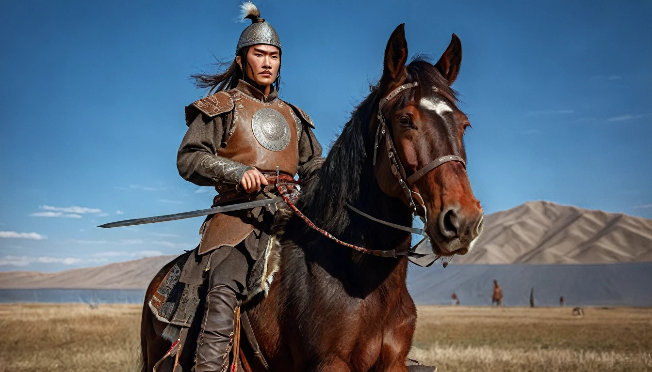 General Kraus, Wearing leather armor、Brown leather protective gear，Holding a Mongolian scimitar, Highly detailed characters, Mongolian man with high cheekbones，Clear and refined face，Mongolian Cavalry，The generals of the Ming Dynasty had white tassels or feathers on their helmets，Norse epic hero, Muscular man with war god tattoo, Riding on horseback, Portrait photography style，Light, (Extremely detailed CG 8k wallpaper), The most beautiful works of art in the world - full body photos, original皮甲, Mongolian small shield，Human Portrait, hunter, Animal hides，brutal，original, macho man, Ed Blinkey (Ed Blinkey) Magnificent professional oil paintings created, Artie Guerlain, Studio Ghibli, Courtesy of Jeremy Mann, Greg Manches, Antonio Moro, Art Station Trends, Social Trends, Wheels within wheels, High Detail, sharp focus, Dramatic and realistic art by Midjourney and Greg Rutkowski, Horse has armor，Charge and Slash