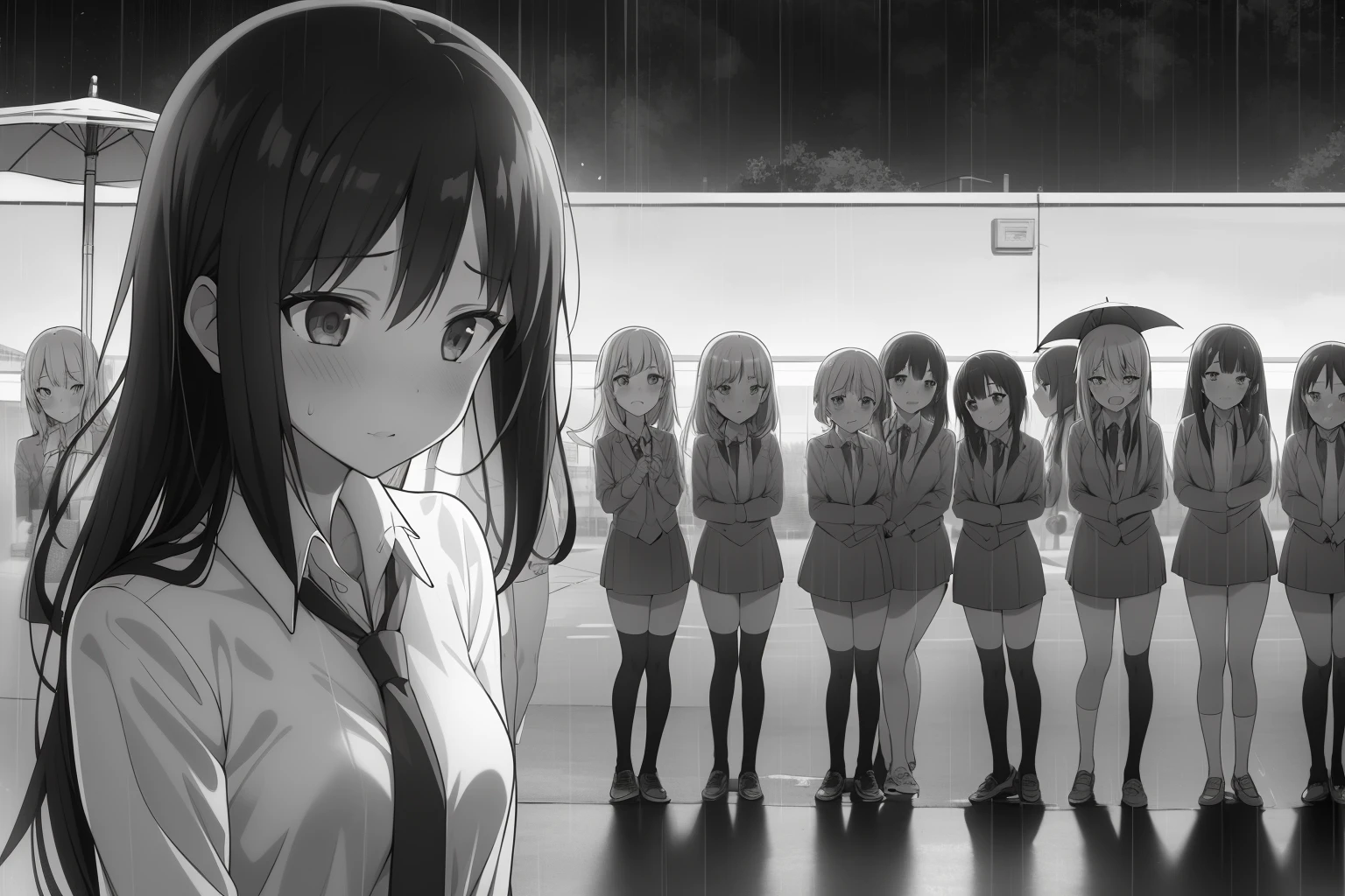 11 girls,There is a heart in the hand,Blushing in front of the camera,Run in the rain,village,领shirt,A pair,shades of grey,figure,Long hair,monochrome,tie,shirt,Front view,Aerial View