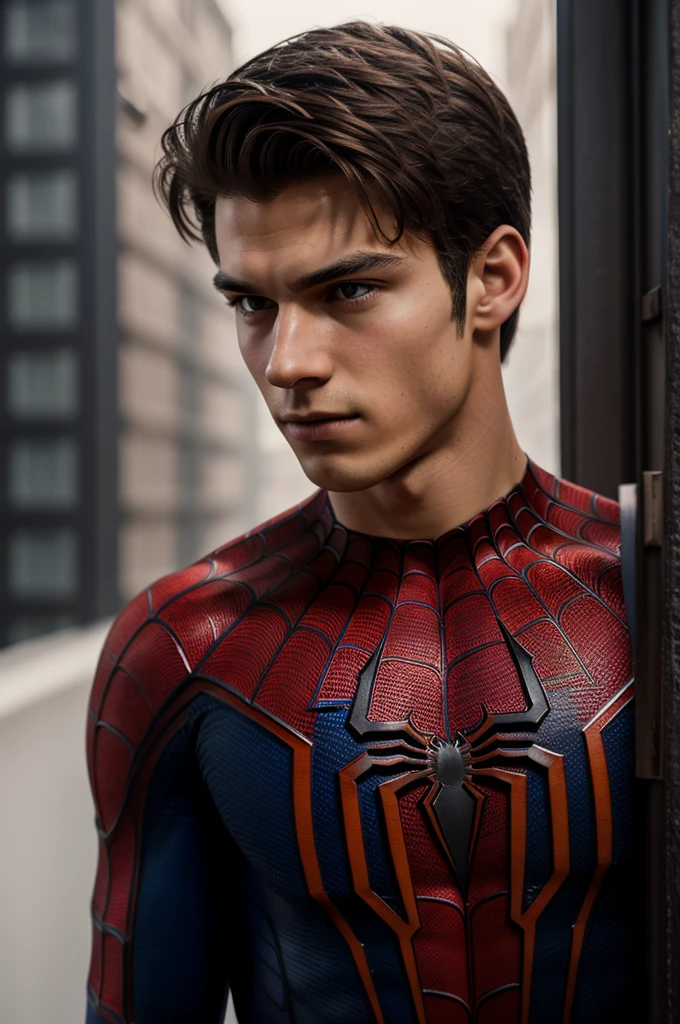 A photograph of spider man, no mask, 20 yo, handsome, detailed face, looking at camera, portrait, 8k uhd, high quality
