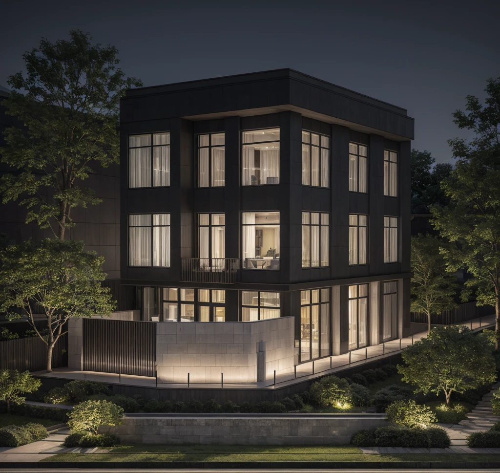 RAW photo, ((Black wall:1.3)) modern house, (road:1.3), (sidewalk:1.3), (sidewalk trees:1.3), (residences area:1.4), night-time, night-light, tropical trees and plants, (high detailed:1.2), 8k uhd, dslr, soft lighting, high quality, (sharpen:1.5)