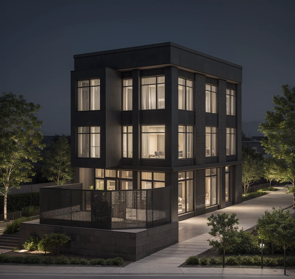 RAW photo, ((Black wall:1.3)) modern house, (road:1.3), (sidewalk:1.3), (sidewalk trees:1.3), (residences area:1.4), night-time, night-light, tropical trees and plants, (high detailed:1.2), 8k uhd, dslr, soft lighting, high quality, (sharpen:1.5)