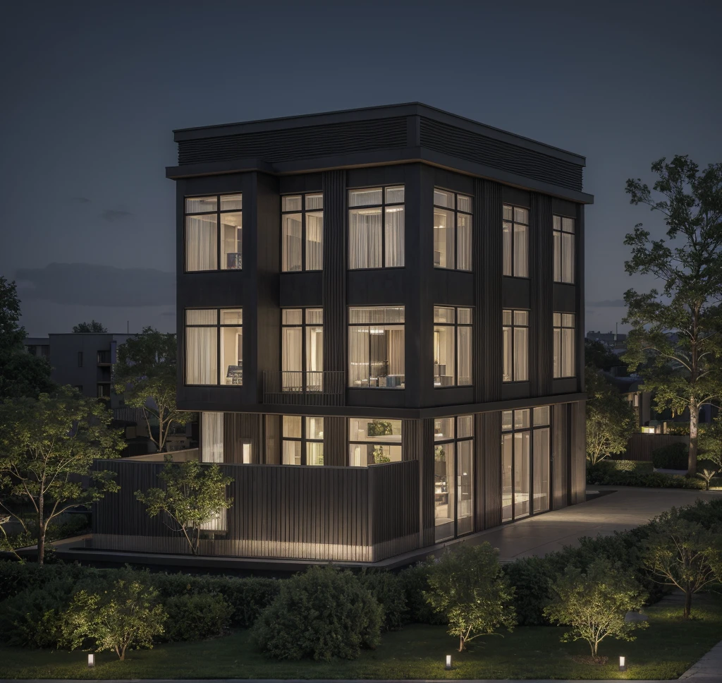 RAW photo, ((Black wall:1.3)) modern house, (road:1.3), (sidewalk:1.3), (sidewalk trees:1.3), (residences area:1.4), night-time, night-light, tropical trees and plants, (high detailed:1.2), 8k uhd, dslr, soft lighting, high quality, (sharpen:1.5)