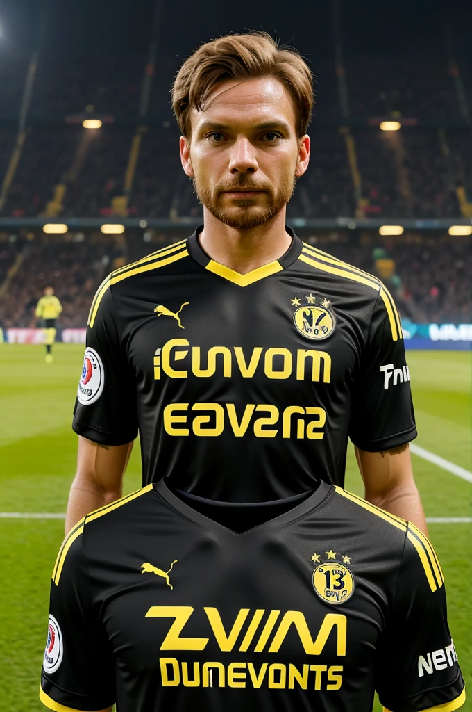 Create dortmund FC's 2023/24 away black Jersey with Nss logo indtead of team logo