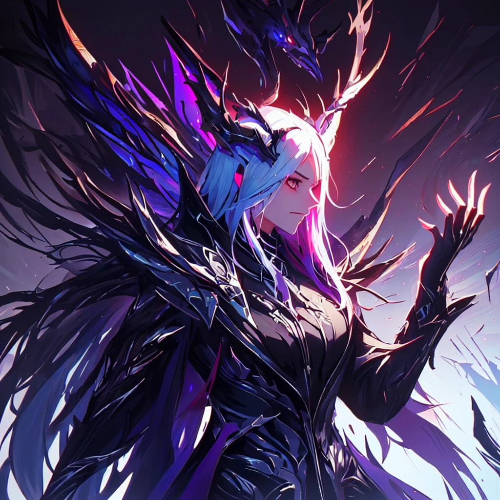 1girl, solo, person, anime character with a purple and black wings and a purple and black dragon, purple ancient antler deity, warframe hound, fit girl demon with white horns, demon soul concept art, detailed warframe, lolth, female djinn demon hybrid, warframe infested art, nightmare render, warframe hound art, king of time reaper, illithid, (close up shot, side shot:1.02), dynamic pose, expressive, anger, snarl, njmjzkz