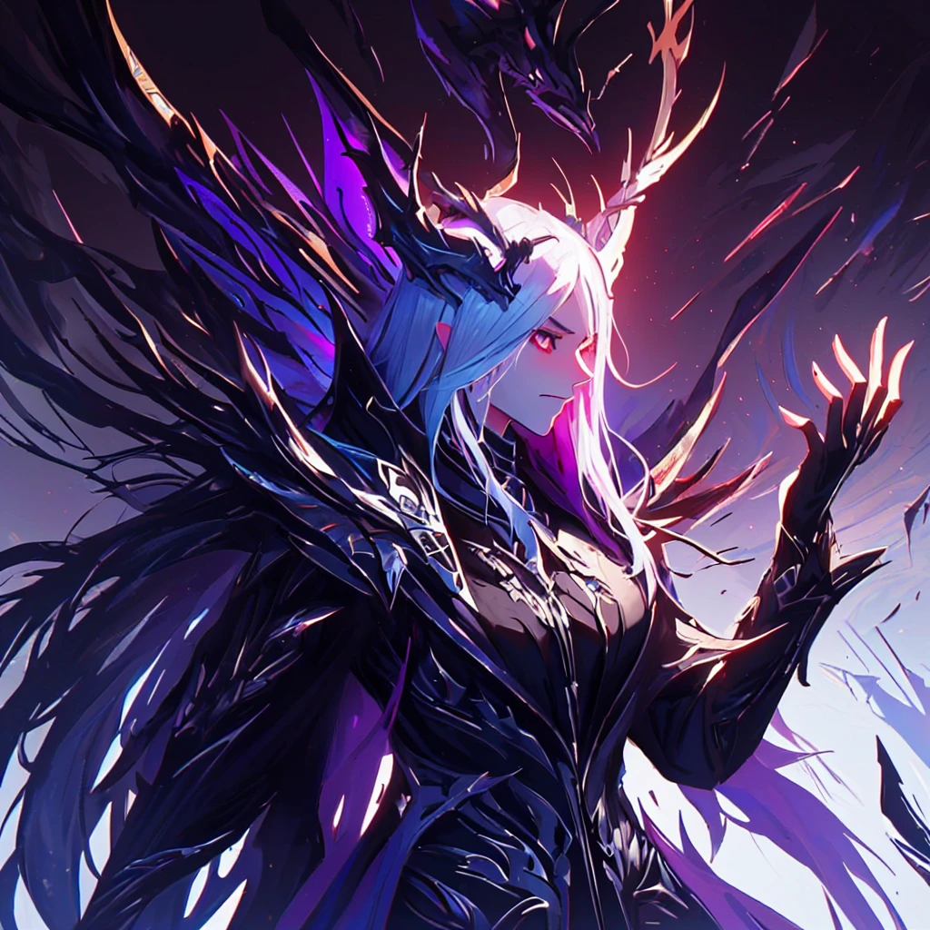 1girl, solo, person, anime character with a purple and black wings and a purple and black dragon, purple ancient antler deity, warframe hound, fit girl demon with white horns, demon soul concept art, detailed warframe, lolth, female djinn demon hybrid, warframe infested art, nightmare render, warframe hound art, king of time reaper, illithid, (close up shot, side shot:1.02), dynamic pose, expressive, anger, snarl, njmjzkz