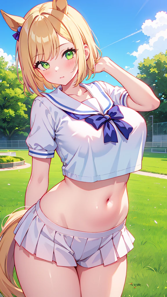 Highest quality,masterpiece, Highest Resolution, nsfw, 1 girl, sailor uniform, topless, huge breasts,pink nipple, belly button,outdoor, blush, standing, horse ears, horse tail, Little Cocon