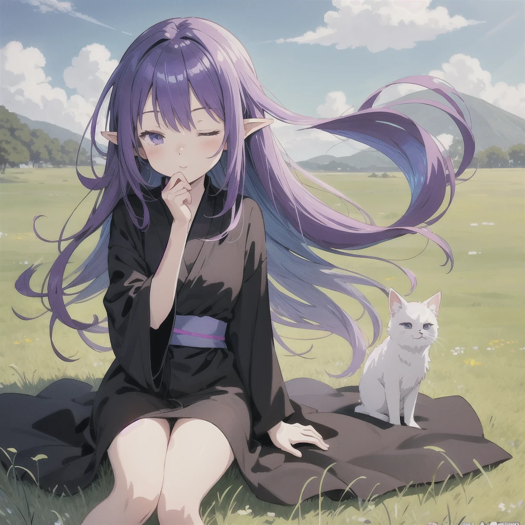 anime girl long purple hair wearing a black Robe. she has pointy ears. Manga kawaii. iridescent ,An illustration, 0ne person .Sitting in the grass, hair blowing in the wind, Eyes closed