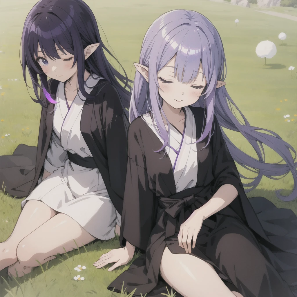 anime girl long purple hair wearing a black Robe. she has pointy ears. Manga kawaii. iridescent ,An illustration, 0ne person .Sitting in the grass, hair blowing in the wind, Eyes closed