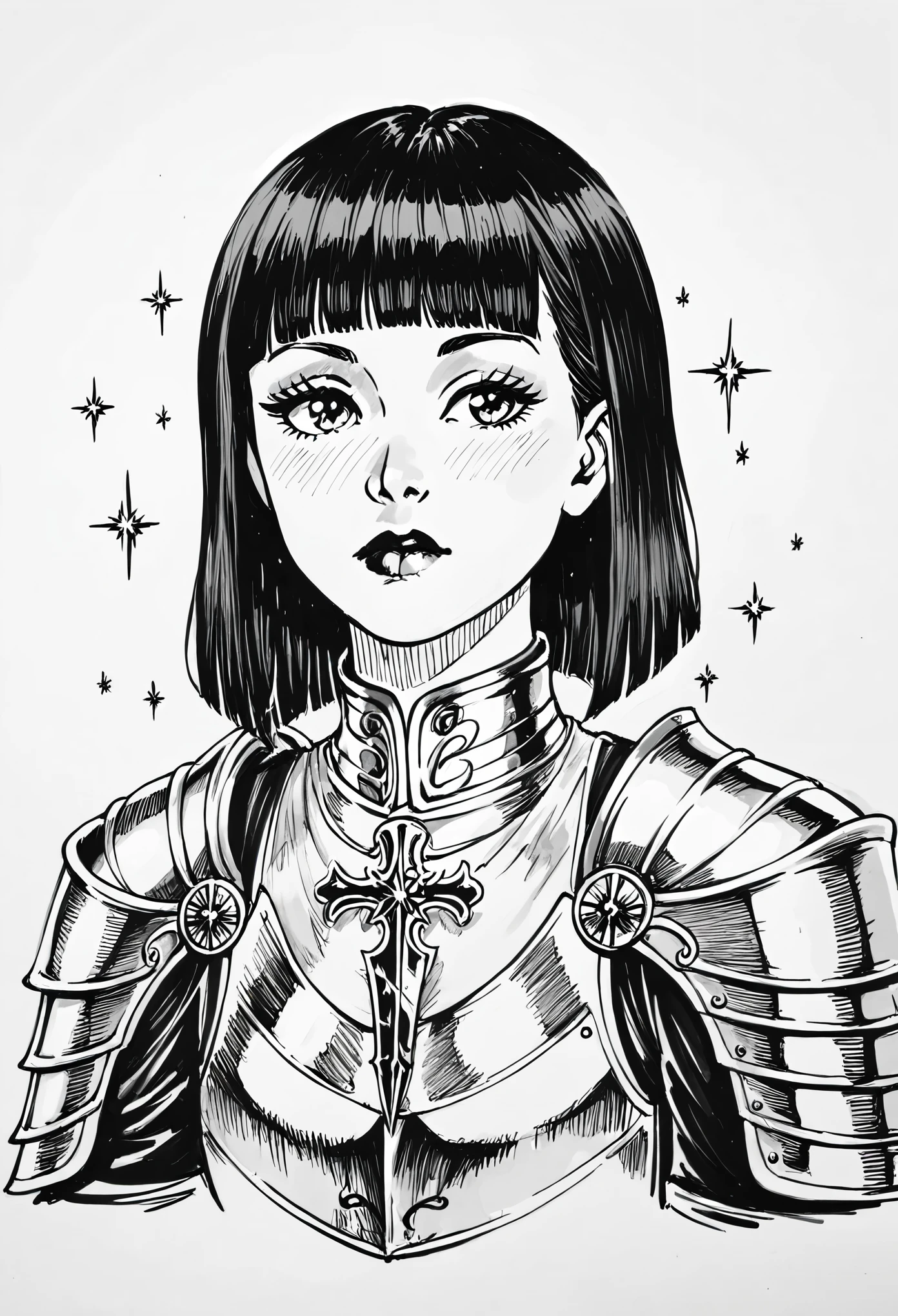 score_9, score_8_up, score_7_up, 1girl, sp1t, abundant detailed hatching shading, monochrome,best quality, high resolution, clean background, blunt bangs, straight hair, hime cut, A medieval female knight in luminous armor, (Luminescent armor:1.3), glitter with gold,