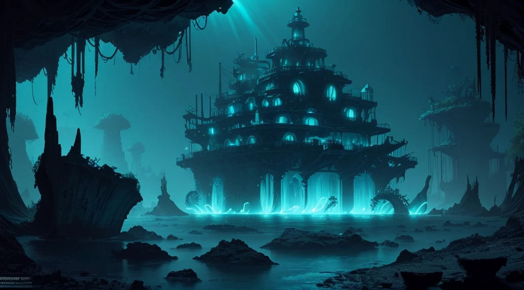 Alien creatures swimming around ghost ship,Phosphorescence, Underwater Alien World,(best quality,4K,8K,high resolution,masterpiece:1.2),Extremely detailed,(Practical,photoPractical,photo-Practical:1.37),Neon Colors, vibrant hues, Ethereal Lights, Fascinating reflections, Weird atmosphere, unforgettably beautiful, Mysterious Depths, Otherworldly spiral vines, Glowing starfish and jellyfish, bioluminescent plants, Surreal shapes, The ruins sunk in the sea, Mysterious atmosphere, eerie silence, Fascinating and surreal.