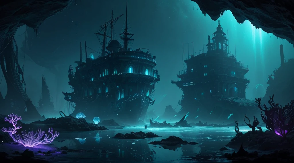 Alien creatures swimming around ghost ship,Phosphorescence, Underwater Alien World,(best quality,4K,8K,high resolution,masterpiece:1.2),Extremely detailed,(Practical,photoPractical,photo-Practical:1.37),Neon Colors, vibrant hues, Ethereal Lights, Fascinating reflections, Weird atmosphere, unforgettably beautiful, Mysterious Depths, Otherworldly spiral vines, Glowing starfish and jellyfish, bioluminescent plants, Surreal shapes, The ruins sunk in the sea, Mysterious atmosphere, eerie silence, Fascinating and surreal.