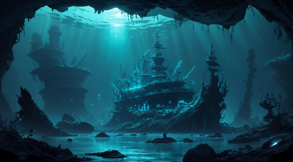 Alien creatures swimming around ghost ship,Phosphorescence, Underwater Alien World,(best quality,4K,8K,high resolution,masterpiece:1.2),Extremely detailed,(Practical,photoPractical,photo-Practical:1.37),Neon Colors, vibrant hues, Ethereal Lights, Fascinating reflections, Weird atmosphere, unforgettably beautiful, Mysterious Depths, Otherworldly spiral vines, Glowing starfish and jellyfish, bioluminescent plants, Surreal shapes, The ruins sunk in the sea, Mysterious atmosphere, eerie silence, Fascinating and surreal.