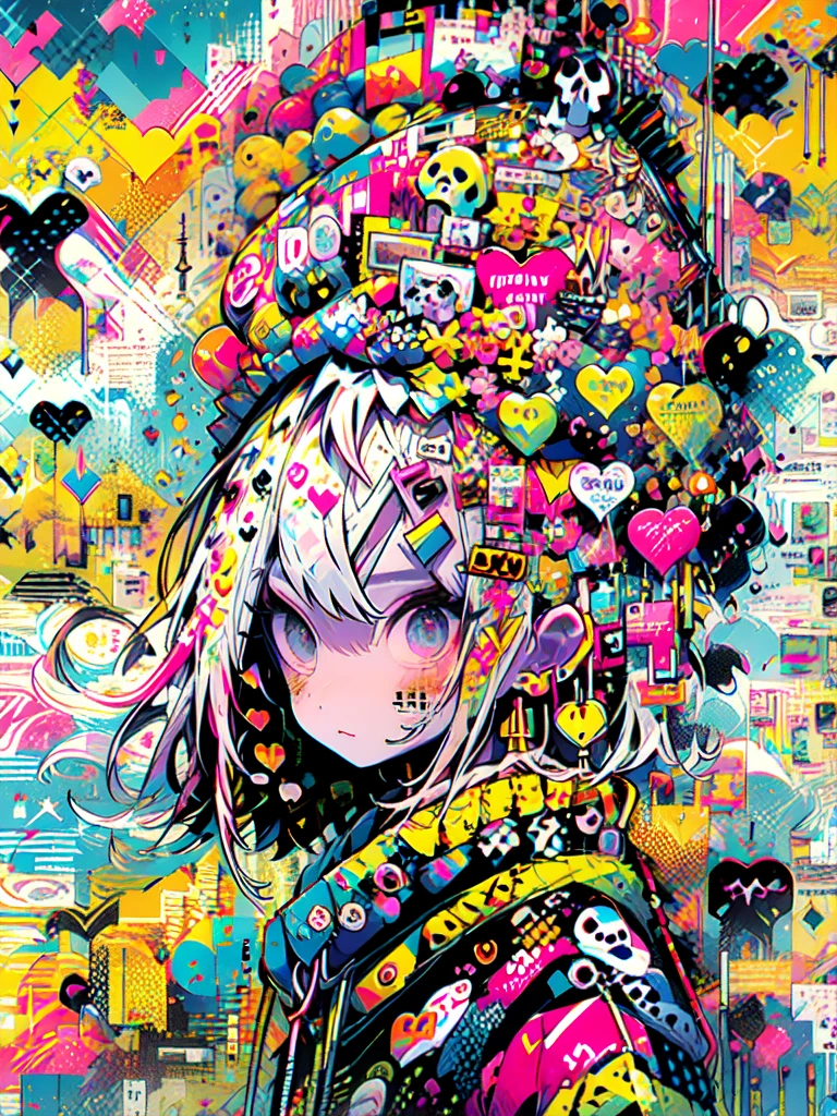 akira toriyama style、"cute, beautiful, Adorable girl wearing pink clothes, yellow, and baby blue color scheme. She is wearing a costume with a SKULL motif inspired by a female pirate.。.。.。.。.。.... Fashionable hats, rock、Comes with decorative accessories such as hair clips. Embodying the vibrant and modern Harajuku fashion style。."
