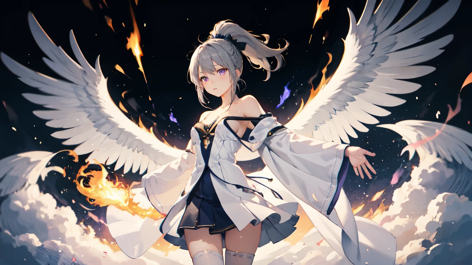 One girl, White Robe Decollete, ponytail ,Gray Hair, Purple eyes, Blue Fire, Blue Flame,Hold your arms in front of your chest, Depth of written boundary, night, Particles of light, light, Side Lighting, Thighs, White Skirt,Knee socks, cloud