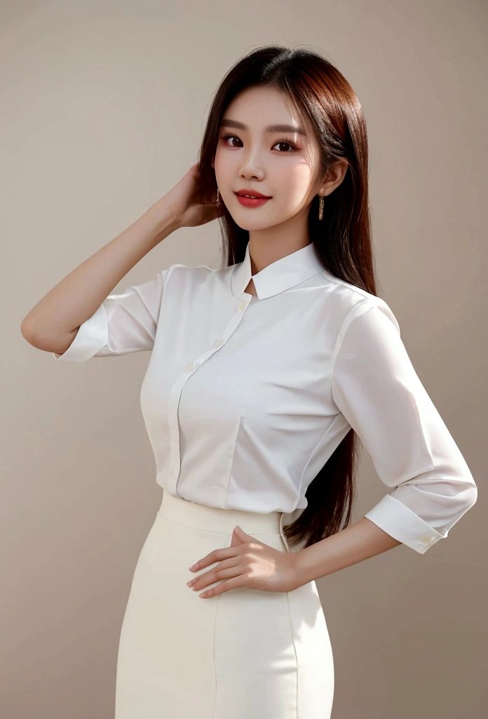 A portrait of Trinh, a 24-year-old Vietnamese fashion model, wearing a professional outfit. She is dressed in a crisp white shirt and a knee-length pencil skirt. Her expression exudes confidence and poise, showcasing her pride in her attire. Her posture is elegant, with her shoulders back and her head held high. The lighting is soft and flattering, highlighting her features and the details of her outfit. The image is high resolution and focuses on her face and upper body. Trinh is standing confidently with her hands on her hips, smiling brightly at the camera