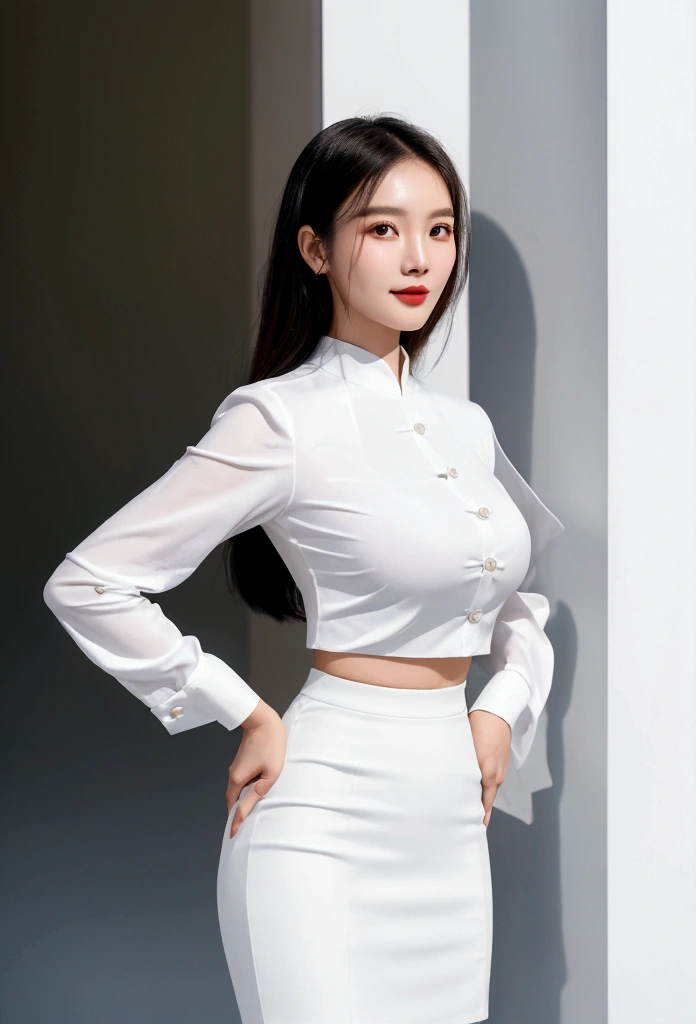 A portrait of Trinh, a 24-year-old Vietnamese fashion model, wearing a professional outfit. She is dressed in a crisp white shirt and a knee-length pencil skirt. Her expression exudes confidence and poise, showcasing her pride in her attire. Her posture is elegant, with her shoulders back and her head held high. The lighting is soft and flattering, highlighting her features and the details of her outfit. The image is high resolution and focuses on her face and upper body. Trinh is standing confidently with her hands on her hips, smiling brightly at the camera