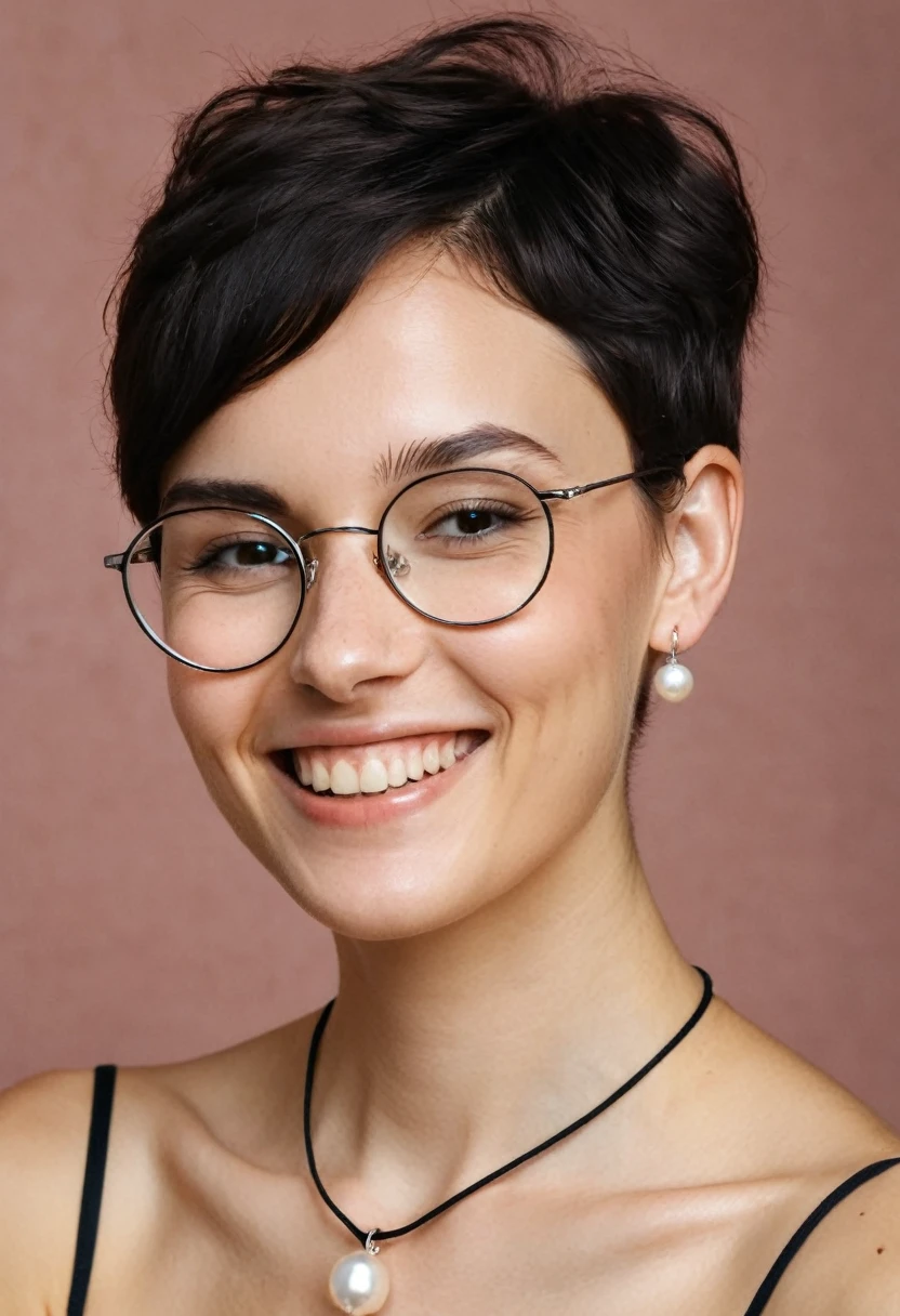 portrait of a woman with only shoulders and face visible, sporting a slightly curly and voluminous pixie cut, delicate ears with silver hoop earrings, wearing a necklace with a round pearl at the end, the texture of the necklace is a fine black cord, with slender eyes that are not fully open, highlighted and mascara, very finely drawn and textured eyebrows, square jaw, slightly tanned skin with more imperfections yet smooth, thin non-round glasses with very fine black resin temples and a thin silver metal frame, small nose, smiling at the camera without showing teeth, embodying a sly and toxic personality with a bad bitch facial expression, high-resolution, hyperdetailed photography, soft light, close-up shot, realistic skin texture, thinner cheeks, fine neck, round face
