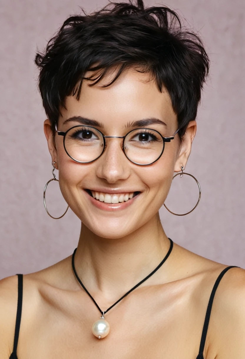 portrait of a woman with only shoulders and face visible, sporting a slightly curly and voluminous pixie cut, delicate ears with silver hoop earrings, wearing a necklace with a round pearl at the end, the texture of the necklace is a fine black cord, with slender eyes that are not fully open, highlighted and mascara, very finely drawn and textured eyebrows, square jaw, slightly tanned skin with more imperfections yet smooth, thin non-round glasses with very fine black resin temples and a thin silver metal frame, small nose, smiling at the camera without showing teeth, embodying a sly and toxic personality with a bad bitch facial expression, high-resolution, hyperdetailed photography, soft light, close-up shot, realistic skin texture, thinner cheeks, fine neck, round face
