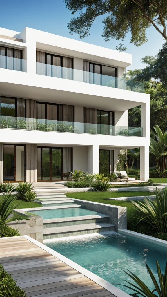 realistic rendering of ((modern)) villa by the stream, 2-floor-villa, (neoclassic style) villa, white painted wall villa, sloping roof villa, (natural stream) flow tenderly, jungle background