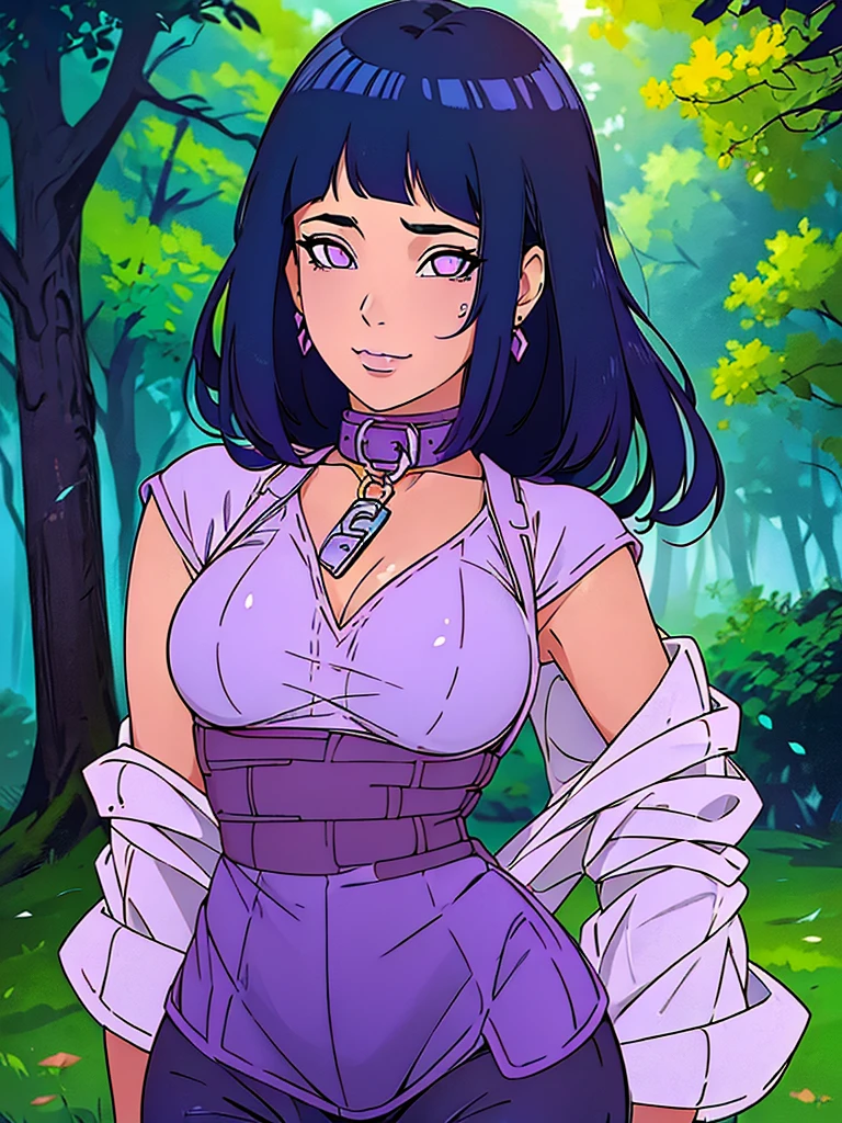 Just one girl,Best quality, 4k, high resolution, body stuck dress, perfect smile, gorgeous, light skin, ahegao face(hentai face) ,dark blue hair,(hinata hyuga hair style),wearing A short soft purple blouse(top is soft purple colour) and
wears tight dark violet pants with fishnets, 1 girl, solo, seductive look, elegance and charm, (masterpiece, best quality, high resolution), looking at the viewer, standing, (intricate and beautiful:1.2), (detailed light:1.2), (soft light, side light), (high resolution textures) , holding chain collar, outdoor, Burmese girl, wearing gorgeous jewelary, wearing harness over the outfit ,outdoor background, sun light, attractive, sexy, mature and hot, young,(masterpiece:1.3), (disorganized:1.3), (highest quality:1.3), perfect anatomy, detailed face, front view, perfect right hands, looking at viewer, (Super detailed:1.3), (best shadow:0.7), (treated hair), fine eyes, beautiful eyes, young aged woman, alone, standing, crystal earrings,closed_mouth, , outdoors,Thick thighs, arrogant face, small 