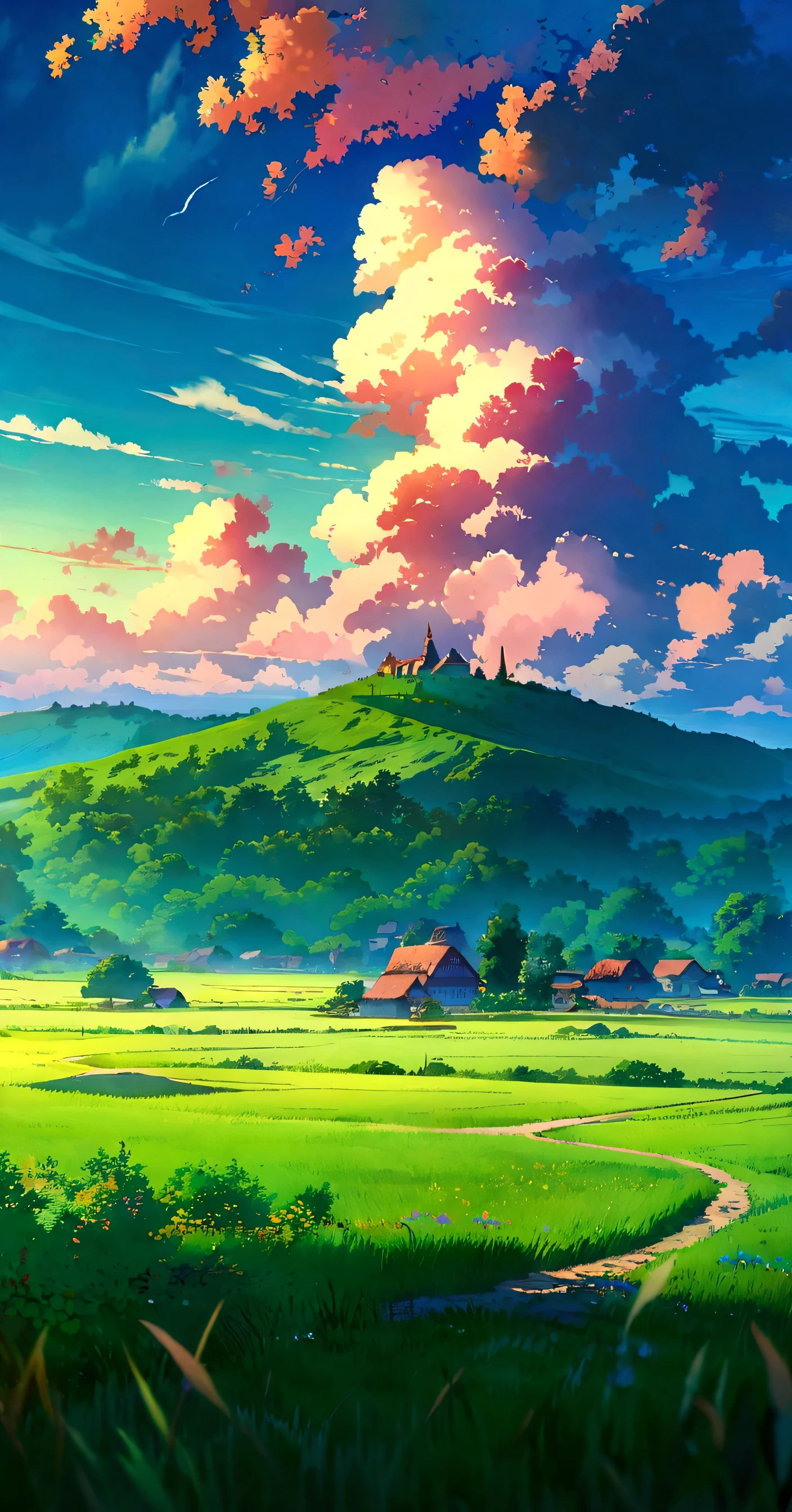 anime landscape with a path leading to a small village, anime countryside landscape, anime landscape, anime scenery, anime landscape wallpaper, beautiful anime scenery, studio ghibli landscape, beautiful anime scene, anime background art, anime background, anime beautiful peace scene, anime nature, scenery artwork, studio glibly makoto shinkai, studio ghibli sky, anime scenery concept art