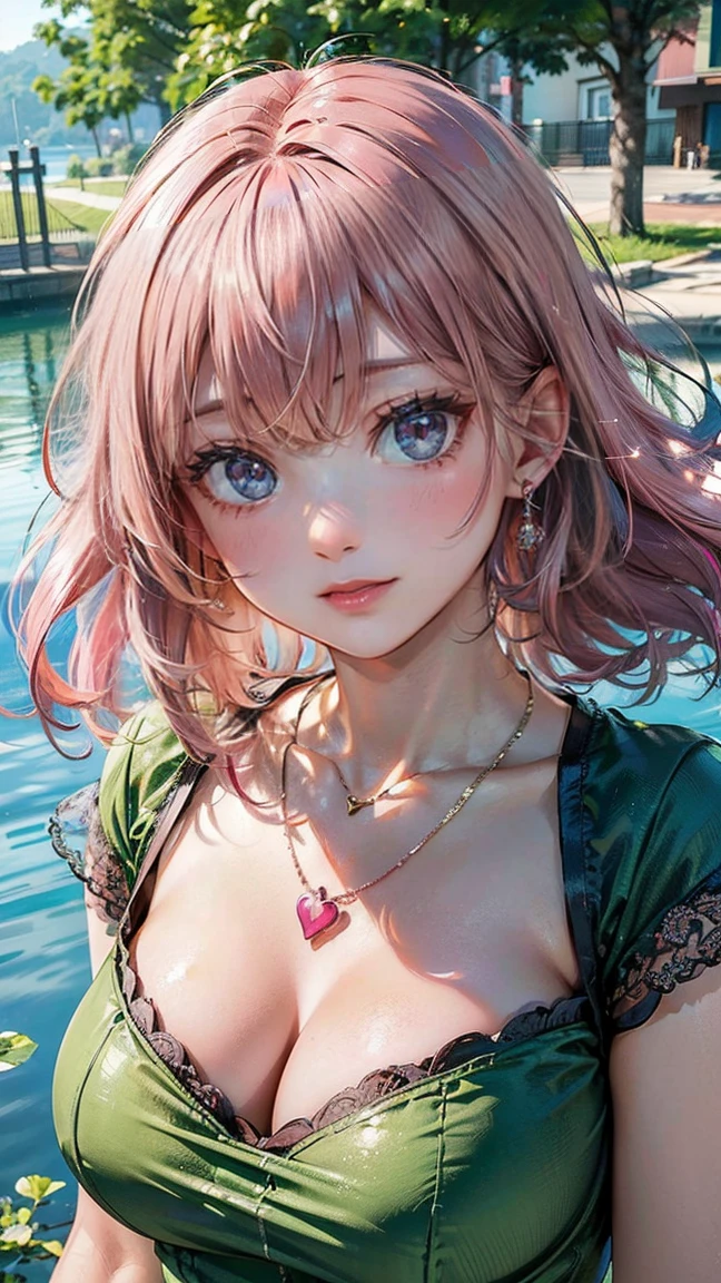 (Masterpiece, BestQuality:1.3), (ultra detailed:1.2), (hyperrealistic:1.3), (RAW photo:1.2), High detail RAW color photo, professional photograph, (Photorealistic:1.4), (realistic:1.4), (Pink Hair:1.5), professional lighting, perfect anatomy, (Big Breasts:1.2), (blush, detailed face), (cheerful Smile:1.5), Trending Hair&Trending Hairカラーをランダムに, earrings, necklace, bracelet, sexly, erotic sexly, Random sexy gravure poses, (A girl wearing a green dress and necklace、Being blown by the wind by the lake。:1.3)