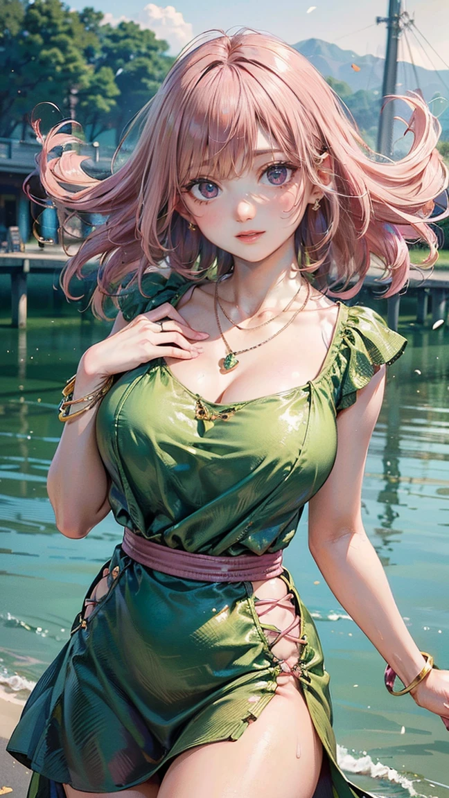 ((Highest quality, 8k, masterpiece :1.3)), (Sharp focus :1.2, Beautiful woman with perfect figure :1.4, Slim Abs :1.2), ((Big Breasts, Emphasize cleavage, The underboob is visible:1.3)), (Photorealistic:1.4), (realistic:1.4), (Pink Hair:1.5), Highly detailed face and skin texture, Fine grain, double eyelid. Makeup face, A little bit of lipstick, sex appeal, Sexy gravure pose, ((Green blouse with white flared skirt、Green sandals、Sexy pose applying sunscreen by the pool。The ring shines。:1.3)