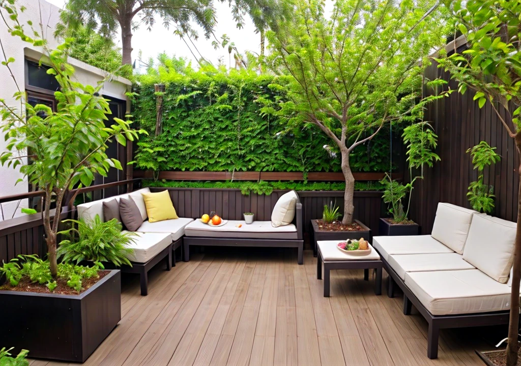 A boy is planting tree on terrace, and terrace is full of fruits tree, also add a text as cation " how to create mini garden on terrace"