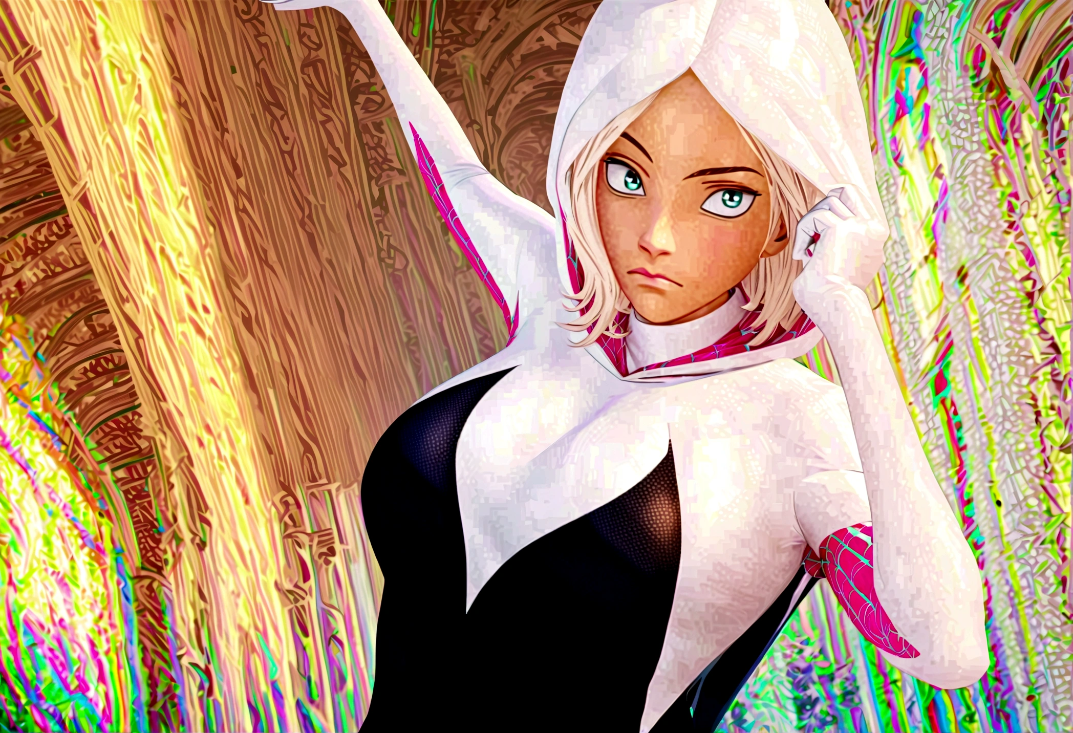 Best quality, masterpiece, huge tits, ghost spider, gwen  in a black outfit with spider in the center of his chest in white, organic looking outfit, gooey forehead, symbiote, white eyes, fine art, ps5 cinematic screenshot,highly detailed detailed cinematic rendering, ultra photorealistic raytricing, with cinematic lighting