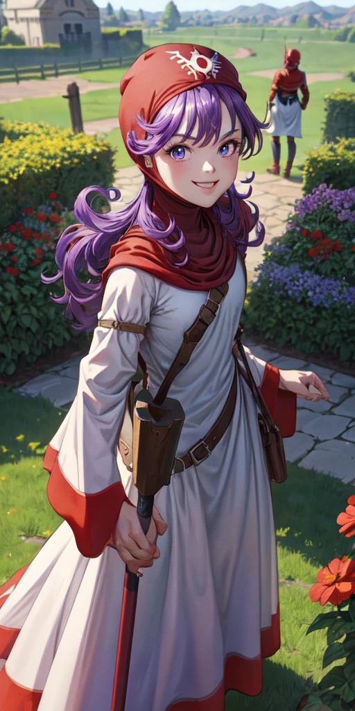 masterpiece, best quality, 4k, 8k, dqPom, red hood, purple hair, robe, cowboy shot, standing, holding staff, sky, garden, looking at viewer, from above, smile
