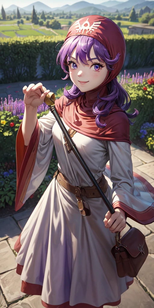 masterpiece, best quality, 4k, 8k, dqPom, red hood, purple hair, robe, cowboy shot, standing, holding staff, sky, garden, looking at viewer, from above, smile