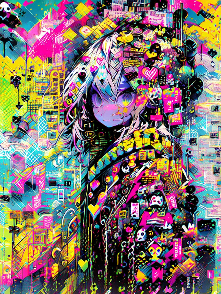 akira toriyama style、"cute, beautiful, Adorable girl wearing pink clothes, yellow, and blue color scheme. She is wearing a costume with a SKULL motif inspired by a female pirate.。.。.。.。.。.... Fashionable hats, rock、Comes with decorative accessories such as hair clips. Embodying the vibrant and modern Harajuku fashion style。."